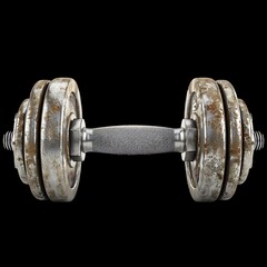 Close-up of a rusty old dumbbell against a black background, showing the wear and tear from years of heavy lifting and fitness use.