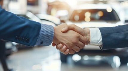 buyer of the car shaking hands with the seller in the auto dealership. Portrait of handshake of business people having car at the background. 