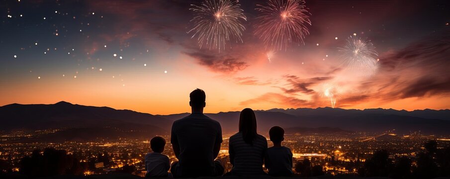 Silhouette of a family watching fireworks together in the evening sky, overlooking a city illuminated by lights, celebrating outdoors.