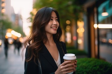 Sticker - smiling asian female lawyer drinking coffee and walking in the city