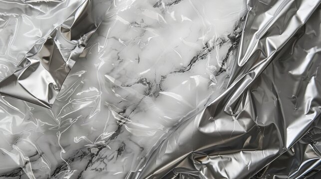 Crumpled Reflective Aluminum Foil on Marble Surface Textures