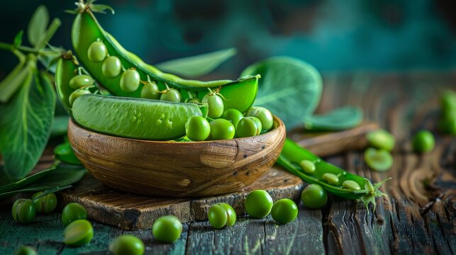 A bowl of green peas is on a wooden table