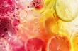 © ylivdesign - Colorful closeup of oil droplets on water with citrus fruit slices creating a vibrant abstract background
