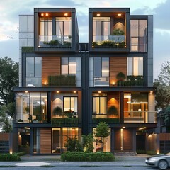 Sticker - This image showcases the facade of contemporary townhouses with perfect lighting, presenting an ideal background for real estate best-sellers