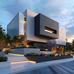 Canvas Print - A striking image of a modern luxury home at dusk, perfect as an abstract architectural wallpaper and background for best-sellers