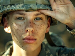 Wall Mural - Woman adjusting military hat