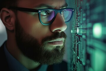 Poster - Closeup, code reflection in glasses and man learning cyber security, cloud computing or software update. Male programmer, IT specialist or coder develop system, connect internet or coding information