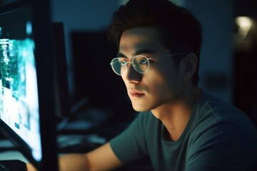 Wall Mural - code, asian man and reflection in glasses, focus and programming for cyber security, hacking and modern office. japan, male employee with eyewear and it specialist coding, programming and thinking