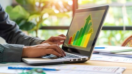 Businessman using laptop with online virtual energy efficiency screen display