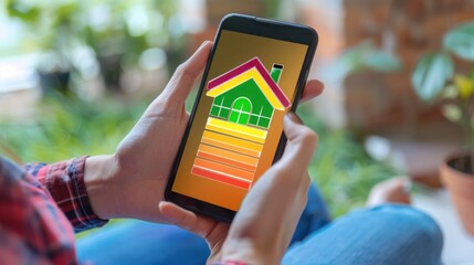 Wall Mural - A person is holding a cell phone that is displaying a colorful house graph