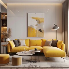 Canvas Print - A stylish modern living room featuring a yellow sofa and an abstract painting as a wallpaper background with a potential to be a best-seller