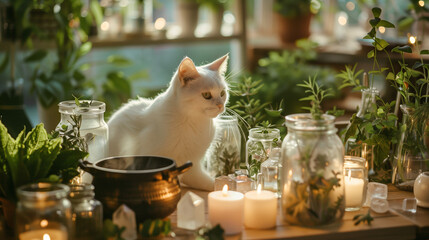 Wall Mural - Witch kitchen there is a cauldron with a potion, a lot of jars with herbs, a white cat, crystals, candles. On the background 