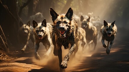 A pack of wild dogs on the hunt, moving swiftly through a dense forest  