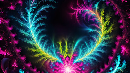 Wall Mural - design an abstract background featuring a fractal explosion in bright neon colors like pink, cyan, a