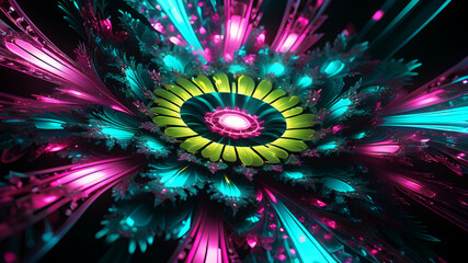 Wall Mural - design an abstract background featuring a fractal explosion in bright neon colors like pink, cyan, a