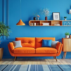 A well-arranged mid-century modern living room with a bold color scheme for an inviting wallpaper or background