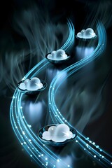 Wall Mural - a series of blue spheres are connected by a blue wire. the spheres are lit up and appear to be glowi