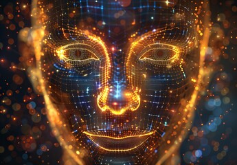 Sticker - Abstract concept of a high-tech digital face with particles, serving as an outstanding wallpaper or background, hinting at best-seller AI themes