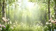 © tantawat - Tranquil Spring Forest with Blooming Flowers and Text Space Above Trees