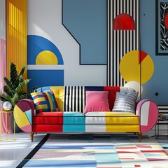 Wall Mural - This image showcases an abstract, vibrant interior with a colorful sofa and modern artwork, perfect as a wallpaper or background for best-sellers