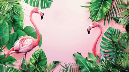 Naklejka na meble American Flamingo, border, jungle theme background Wallpaper, blank in the middle, minimalism, negative space, use for postcard template