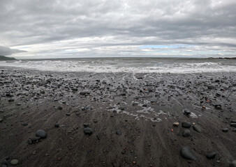 Wall Mural - Rocky beach under cloudy sky with scattered leaves in Ballantrae, Ayrshire, Scotland, UK