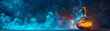 © Pual GotoMars - Potion bottle with smoke swirling around it, Halloween night, selective focus, enchanting, vibrant, silhouette, old apothecary backdrop