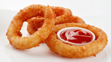 Wall Mural - Tasty golden crispy onion rings with tomato ketchup