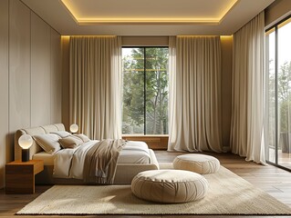 Panoramic view of the modern minimalist bedroom, accentuated by two thick chenille curtains hanging from the large windows