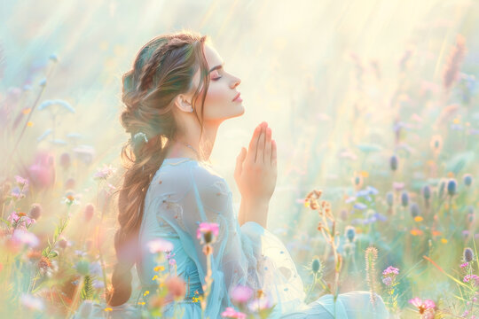 Beautiful young woman with long hair in blue dress praying in meadow