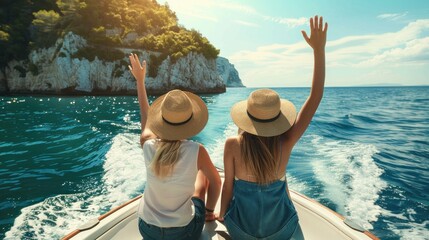 Wall Mural - Back portrait of two female friends sitting on boat, waving with hat while talking and enjoying looking at seaside. Sisters finally took vacation to visit their mom who lives in Italy