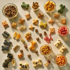 Assorted shaped pet food and accessories on a light isolated background