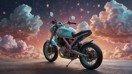 Wall Mural - A playful, pastel-themed cartoon motorbike with fluffy clouds and bouncing stars  ai_generated