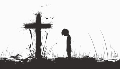 Silhouette of a little girl standing in front of a cross