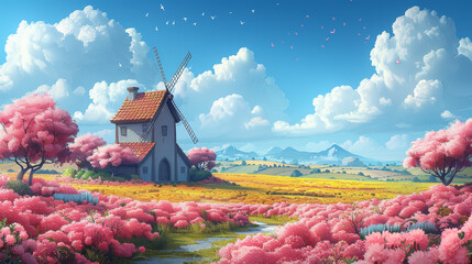 Wall Mural - A charming windmill stands amidst a vibrant pink and yellow field under a sky dotted with fluffy clouds and birds.