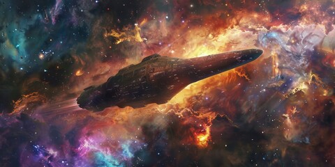 Wall Mural - A massive spacecraft in the shape of Omega flying through a galaxy filled generated by AI