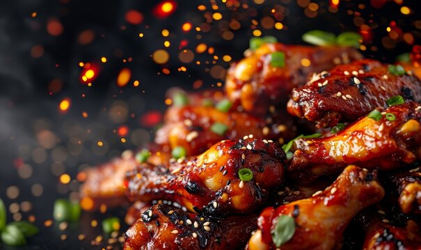 fresh chicken boned wings in buffalo barbeque, or spicy sauce with flying ingredients and spices hot ready to serve and eat food commercial advertisement menu banner with copy, Generative AI
