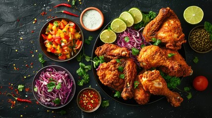 Wall Mural - Crispy golden fried chicken with vibrant side dishes on a black background, illuminated with sparkling light