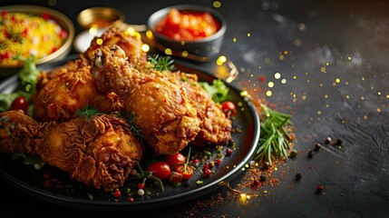 Wall Mural - Crispy golden fried chicken with vibrant side dishes on a black background, illuminated with sparkling light