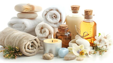 Spa wellness or massage products set for skin treatment isolated on background, towel, candle, oil and soap aromatics spa.