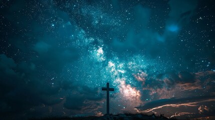 Silhouette of a Cross Against the Milky Way, with a Dramatic Night Sky and Stars