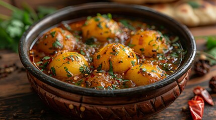 Wall Mural - Spicy Potato Curry in Clay Pot with Cilantro and Chili Peppers