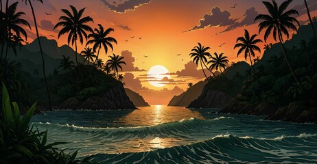 ocean beach shore with crashing waves and village town of homes on tropical coast. island sea water reflections under moon at night and sunset under blue sky with palm trees.