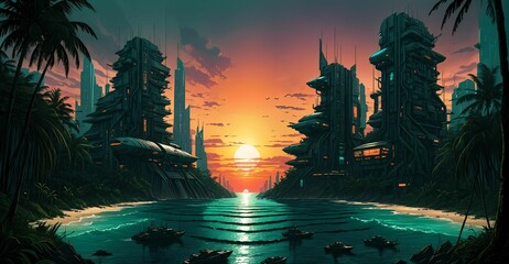 sci-fi lo-fi futuristic city skyscraper buildings along ocean tropical beach shore under sun clouds and sunset at night in summer. seashore water waves reflection of cityscape landscape.