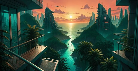 futuristic tropical city buildings balcony view from skyscraper over ocean seashore water sunset night. overgrown exterior terrace over the sea under sun and clouds. wallpaper background.