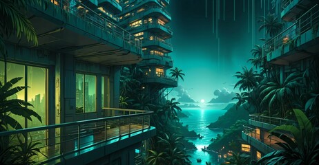 Canvas Print - futuristic tropical city buildings balcony view from skyscraper over ocean seashore water sunset night. overgrown exterior terrace over the sea under sun and clouds. wallpaper background.