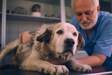 Sticker - Portrait of a Cute Dog Lying on the Examination Table While Unrecognizable Vet Is Holding Him