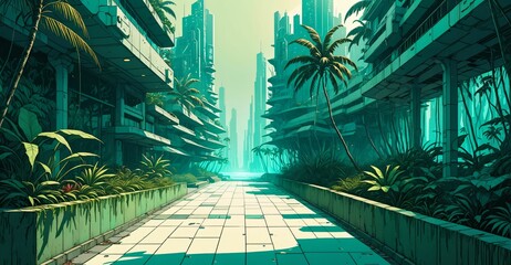 Poster - cyberpunk lo-fi sci-fi tropical city street with palm trees and buildings. narrow town road by the beach at sundown sea sunset in summer. landscape cityscape wallpaper background
