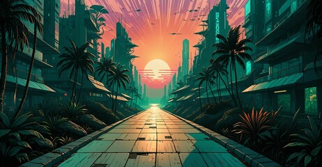 Wall Mural - cyberpunk lo-fi sci-fi tropical city street with palm trees and buildings. narrow town road by the beach at sundown sea sunset in summer. landscape cityscape wallpaper background