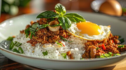 Wall Mural - Macro shot of Pad Krapow Moo Krob with steam rice, crispy pork, Holy Basil, and a fried egg, stunning presentation